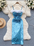 Yipinpay Strap Plush Velvet Long Dress Autumn Inside Elastic Ruched Slim Backless Christmas Cosplay Sexy Dress