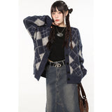 yipinpay Women Black Cardigan Sweater Diamond Check Outerwear Korean Fashion Leisure Lazy Wind Winter Single Breasting Knitting Coat