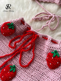 Yipinpay Summer Knitted Beach Two Pieces Sets 2024 Sleeveless Strap Top+Mini Skirt Sets Strawberry Sweet Ruffles Vacation Suits