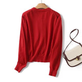 Yipinpay Women Red Knit Crop Cardigan Long Sleeve O Neck Single Breasted Female Sweater Coat