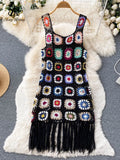 Yipinpay 2024 Sunmmer Knitted Dress Hook Flower Hollow Out Tassel Women Slim Streetwear Original Design Fashion Vintage Dress