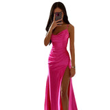 Yipinpay Satin Backless Side Split Maxi Dress Women 2024 Summer Sexy Slim Off Shoulder Ruched Bodycon Female Party Evening Dresses