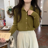 Yipinpay New Lapel Sweater Spring and Autumn Solid Color Button Design Knitted Bottoming Shirt with Slim Top