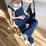 Yipinpay Retro Dark Blue Overalls Jeans for Women's Korean Fashion Denim Romper Jumpsuit Summer Loose Size High Street Baggy Trousers