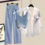Yipinpay Spring/Summer New Matching Set Women's Casual Stripe Sunscreen Shirt+Vest+Jeans Three Piece Korean Elegant Denim Pants Set
