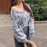Yipinpay Cross V Neck Off The Shoulder Black White Striped Knitted Sweaters Women Sexy One Slim Irregular Crop Top 2023 Grey