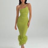 Yipinpay Green Short Cocktail Dresses Crepe Feather One Stripe Shoulder Mermaid dress Backless Prom Homecoming Gowns Dress Clubwear