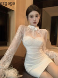 Yipinpay Woman Dresss Sexy Stand Collar Lace Patchwork Slim Rhinestone Hollow Out Flare Long Sleeve Slim Elegant Dress Party