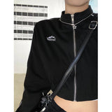 Yipinpay Grunge Zip Up Hoodie Streetwear Women Korean Fashion Casual Slim Sweatshirts Striped Black Long Sleeve Cropped Hoodie