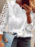 Yipinpay Women's Shirts Fashion Elegant Long Sleeve Butterfly Print Office Lady Top White Women Ruffled Hollow Out Blouse Female Clothing