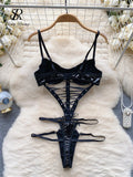 Yipinpay Strap PU Leather Sexy Bodysuits Ladies Sleeveless Hollow Out Lingerie Erotic Nightwear Fashion Backless Sexy Playsuits