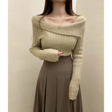 Yipinpay for Women 2023 Diagonal Collar Off Shoulder Solid Slim Pull Femme Y2k Top Sueter Mujer Long Sleeve Black Sweater Knitwear