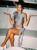 Yipinpay Rose Appliques Hip Skirts 2 Piece Set 2023 Fashion Grey Sleeveless Vest Banquet Outfits Ladies Chic Club Skinny Skirt Suit