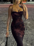 Yipinpay Vintage Elegant Dress Women Aesthetic Mall Gothic Lace Patchwork Spaghetti Strap High Waist Bodycon Party Dress Female