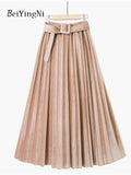 yipinpay Autumn Winter Skirt Women With Belt Long Metallic Silver Maxi Pleated Skirt Midi High Waist Fashion Vintage Saia Party