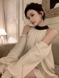 Yipinpay Shirts Women Elegant Off Shoulder Satin Bandage Stand Collar Long Sleeve Hollow Out Loose Blouse Female Casual Sexy Tops