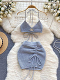 Yipinpay Hotsweet Female Beach Suits Strapless Halter Sexy Camis+Drawstring Basics Slim Skirt Fashion Knitted Two Pieces Suit