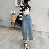Yipinpay Blue Washed Denim Midi Skirt For Women Fashion Y2k Casual Loose Straight Long Skirts Jeans Knee Length A Line Waist Female