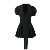 Yipinpay Sweet Women Lace Trim Peter Pan Collar Cotton Black Dress Vintage Puff Sleeve With Belt Ladies Party Mini Dresses Summer