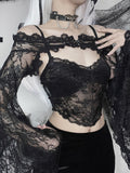 Yipinpay Goth Long Sleeve Smock Vintage Black Lace One Shoulder Grudge Aesthetic Overall Y2K Luxury Coquette Party Sexy Top