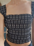 Yipinpay MO Plaid Square Collar Sexy Backless Bustier Corset Crop Tops Women Sleeveless Top Cropped Club Fashion Outfit