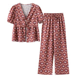 Yipinpay Flower Printed 2 Pieces Long Pant Sets For Women Elegant Short Sleeve Lace Up Shirt Wide Leg Trouser Summer Lady Outfits