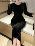 Yipinpay Velvet Black Midi Dress Women Elegant Chic Designer Long Sleeve Dress Sexy Casual Evening Party Formal Occasion Dress New