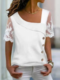 Yipinpay Women's Fashion White Blouses 2024 Summer Lace Short Sleeve Tops T-Shirt Casual Buttons Office T-shirt Shirt Top Femme Clothing