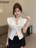 Yipinpay Sleeveless Shirts Women French Style Chic Elegant Turn Down Collar Split Summer Fashion Blouse Sexy Ladies Crop Tops