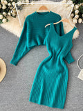 Yipinpay Autumn Knitted Dress Suits Women O Neck Long Sleeves Short Pullover+Strap Elastic Dress Korean Sweater Two Pieces Sets