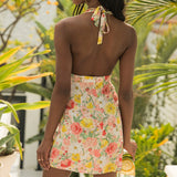 Yipinpay Women Close-Fitting Sexy Dress Floral Printed Pattern Sleeveless Deep V-Neck Lovely Mini Dress Backless Sleevesless Short Dress