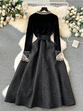 Yipinpay French Retro Dress Fashion High Quality Embroidery Velvet Long Sleeves Women Elegant Belt Design A Line Court Dress