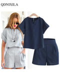 Yipinpay Summer New Cotton Linen Oversized Women's Shorts Sets Solid Fashion Short Sleeve T-shirt Top and Shorts 2 Piece Set Outfits