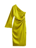 Yipinpay Asymmetrical Long Dress Women Yellow Satin Dress Woman One Shoulder Elegant Party Dresses 2023 Ruched Midi Summer Dresses