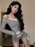 Yipinpay Hot Girl Casual Suit Women's Spring Camisole Vest Cardigan High Waisted Shorts Three-piece Set Fashion Female Clothes