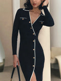 Yipinpay White Patchwork Knit Maxi Dress For Women Slim Lace-Up High Waist Split Elegant Party Dress Fashion Lapel Knitwear Dress