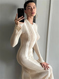 Yipinpay Knitwear Hollow Out Solid Maxi Dress For Women See-Through High Waist Loose Knit Autumn Dress Fashion Elegant Party Dress