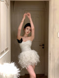 Yipinpay Girl Sexy Hot Diamond Slim Fit Lace-up Dress Women's Autumn/Winter Spliced Feather Strapless Bottom Dress Female Clothes