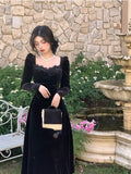 Yipinpay Vintage Balck Long Sleeve Dress Woman Elegant Fashion Velvet Midi Dress Korean Style Even Party Dress Casual 2024 Spring