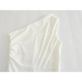 Yipinpay Elegant Women White Draped Asymmetric Midi Dress Party Vestidos