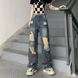 Yipinpay Hole Boyfriend High Waist Women's Wide Leg Baggy Jeans Woman Streetwear Vintage Denim Trouser Fairy Grunge Alt Clothes