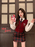 Yipinpay Preppy Style Suit Women's Autumn Red Knitted Cardigan Tank Top Long-sleeve Shirt Plaid Mini Skirt Fashion Three-piece Set