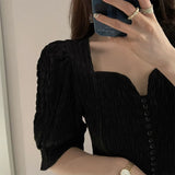 Yipinpay for Women Sexy V Short Sleeve T-shirts Black Crop Tops French Vintage Puff Off Shoulder Fold Tee Wild Casual Tshirt