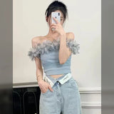 Yipinpay Camis Sexy Slim Blusas Mujer Blue Strapless Shirt Chemise Femme Tops Tees Slash Feather Blouses Korean Shirts for Women