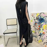 Yipinpay Loose Shoulder Pad Cut Out Backless Sleeveless Vest Dress Women Casual Vestidos Midi Grey T-shirt Dress Lady