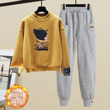 Yipinpay Women's Fashion Plush Sweater Tracksuits 2 Piece Set 2024 Winter Warm Loose Fake Two-piece Pullover Top + Pants Sportswear Suit