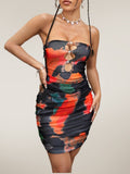 Yipinpay Tie-dye Print Hollowed Mini Tube Dress Summer Sexy Women Sleeveless Cutout Strapless Bodycon Dress for Club Party