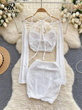 Yipinpay American Sexy Suits Hollow Out Long Sleeve Halter Mini Top+Slim Bodycon Skirt 2024 Y2K Summer Beach Style Knitted Sets
