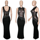 Yipinpay Shiny Sexy Diamond Dress Round Neck Long Sleeves Elegant Mesh Rhinestone Dress Gorgeous Party Dresses For Women