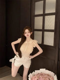 Yipinpay Sweet Shirts Women Bowknot Flying Sleeve Lace Ruffles Patchwork Turn Down Collar Elegant Blouse Vintage Female Tops